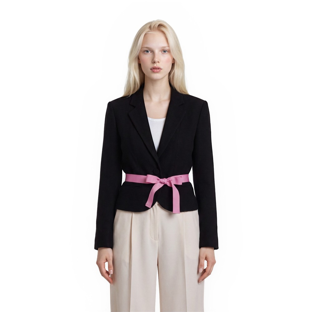 Vintage Harold's Boucle Blazer Women's Size 12 Black Pink Ribbon Belt Wool Blend
